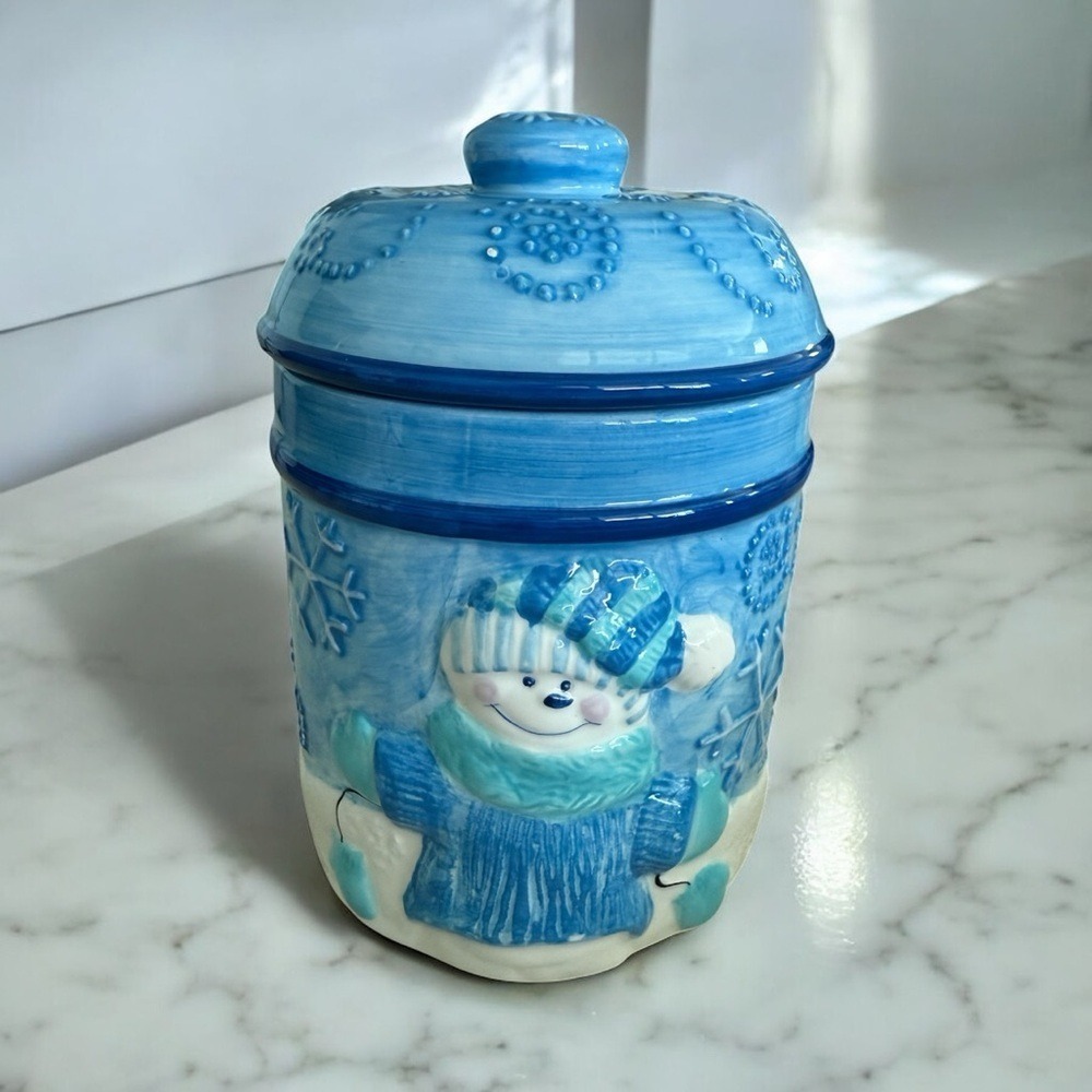 Christmas Houston Harvest Ceramic Jar Blue Let it Snow Holiday snowman - Picture 4 of 8